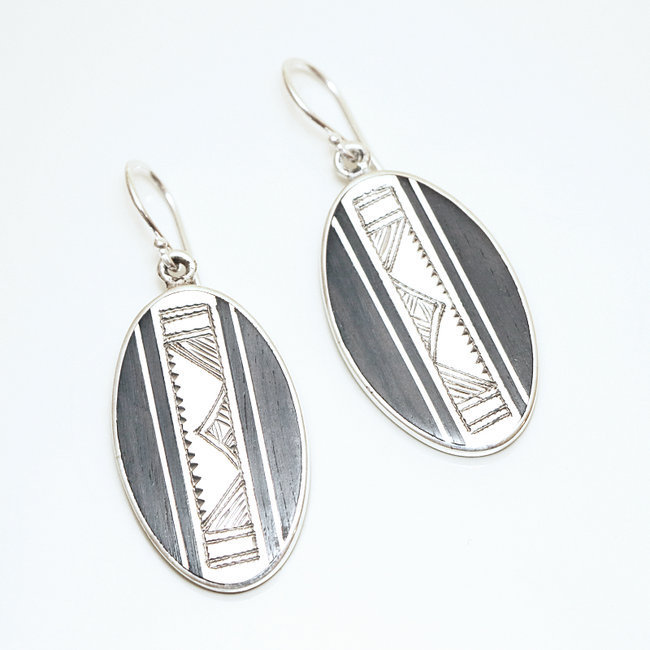 Boucles d'oreilles argent massif 925 touareg ovales et ébène - Niger 002