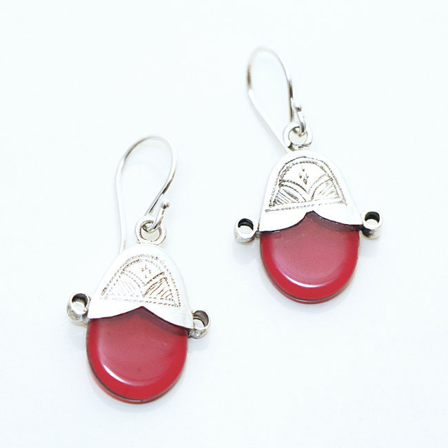 Boucles d'oreilles touareg Croix d'Ingall en argent 925 et verre rouge - Niger 003