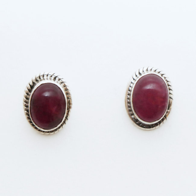 Boucles d'oreilles argent massif 925 clous ovales et Grenat rouge - Inde 024