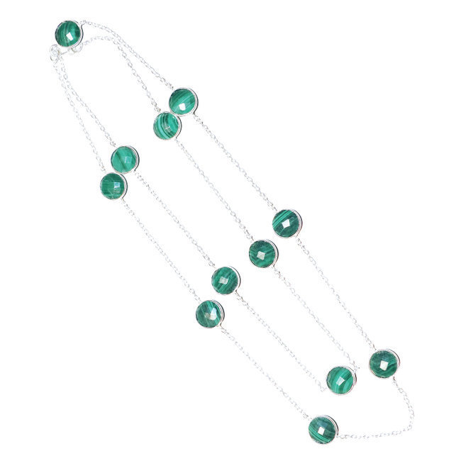 Collier argent massif 925 sautoir chaîne ronds facettes et Malachite - Inde 006