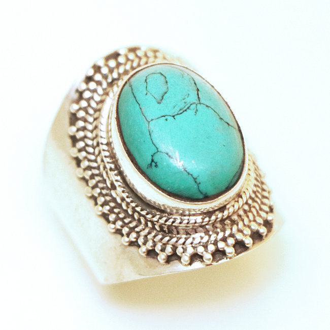 Bague chevalière filigranes argent 925 et Turquoise - Inde 003 - S