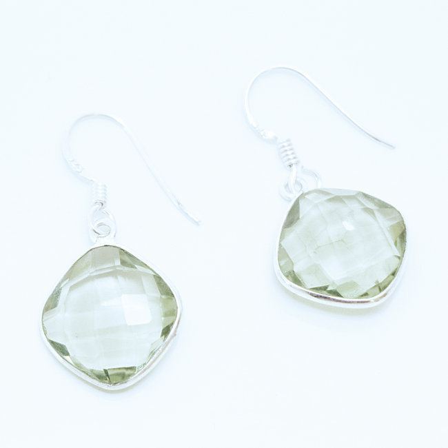 Boucles d'oreilles argent massif 925 losanges facettes et Améthyste verte - Inde 005