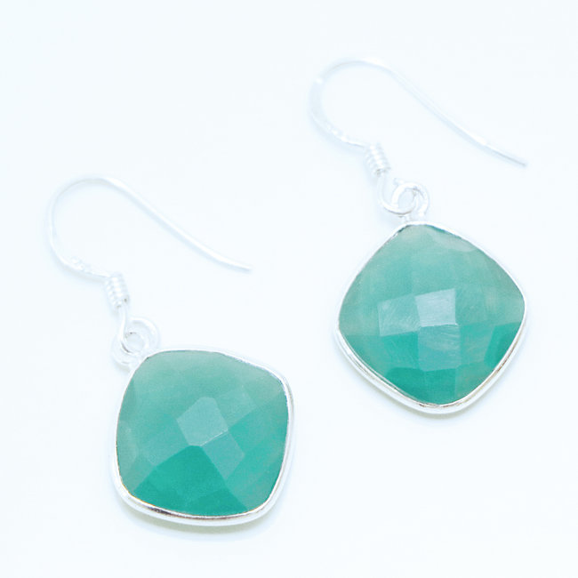 Boucles d'oreilles argent massif 925 losanges facettes et et Agate verte - Inde 005