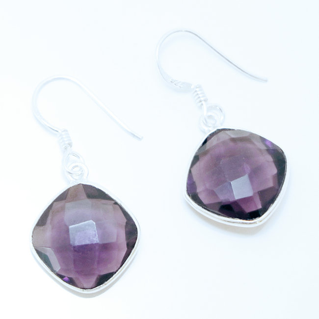 Boucles d'oreilles argent massif 925 losanges facettes et Cristal violet Améthyste - Inde 005