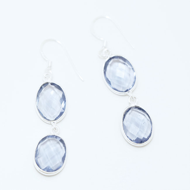 Boucles d'oreilles ovales facettes argent 925 et cristal bleu Iolite - Inde 006