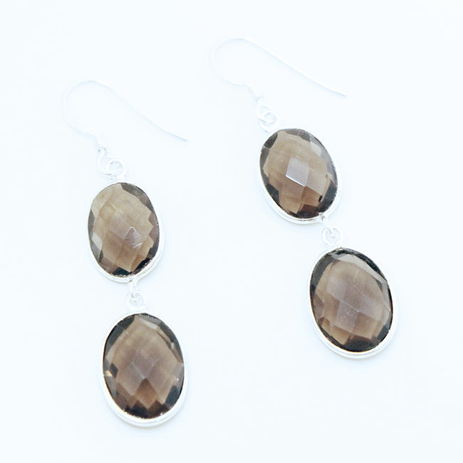 Boucles d'oreilles ovales facettes argent 925 et Quartz fumé - Inde 007