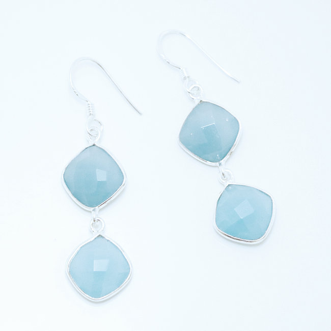 Boucles d'oreilles argent massif 925 losanges facettes et Calcédoine bleue - Inde 011