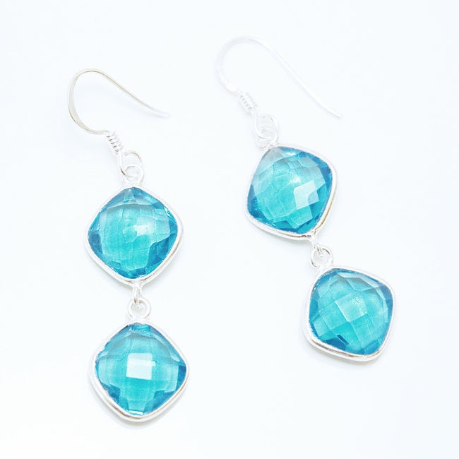 Boucles d'oreilles argent massif 925 losanges facettes et Cristal Turquoise - Inde 011