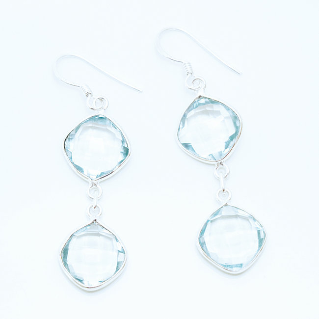 Boucles d'oreilles argent massif 925 losanges facettes et Cristal bleu Topaze - Inde 011