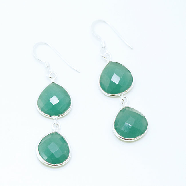 Boucles d'oreilles gouttes facettes argent 925 et Agate verte - Inde 018