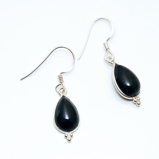 Boucles d'oreilles argent massif 925 gouttes et Onyx - Inde 021