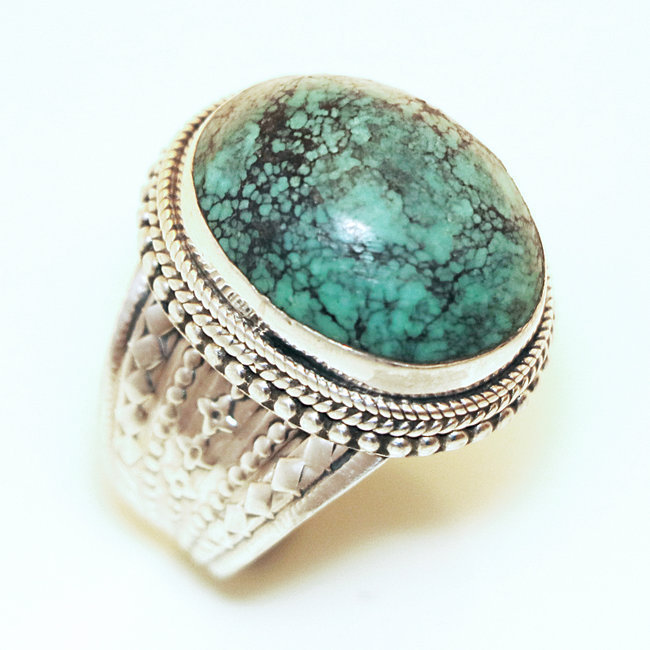 Bague chevalière cabochon ovale argent 925 et Turquoise naturelle - Népal 011