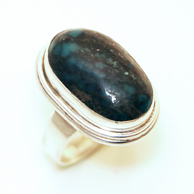 Bague cabochon argent 925 et pierre fine et Pyrite Turquoise naturelle - Népal 019