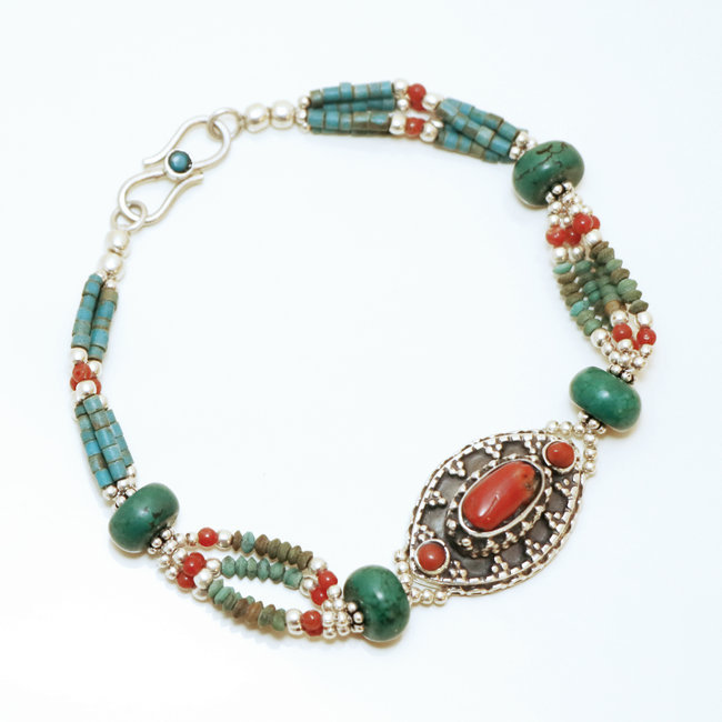 Bracelet fin argent 925 Turquoise et Corail - Népal 021