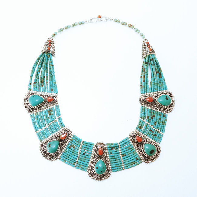 Collier plastron Tibétain en argent 925, Turquoise naturelle et Corail - Népal 002