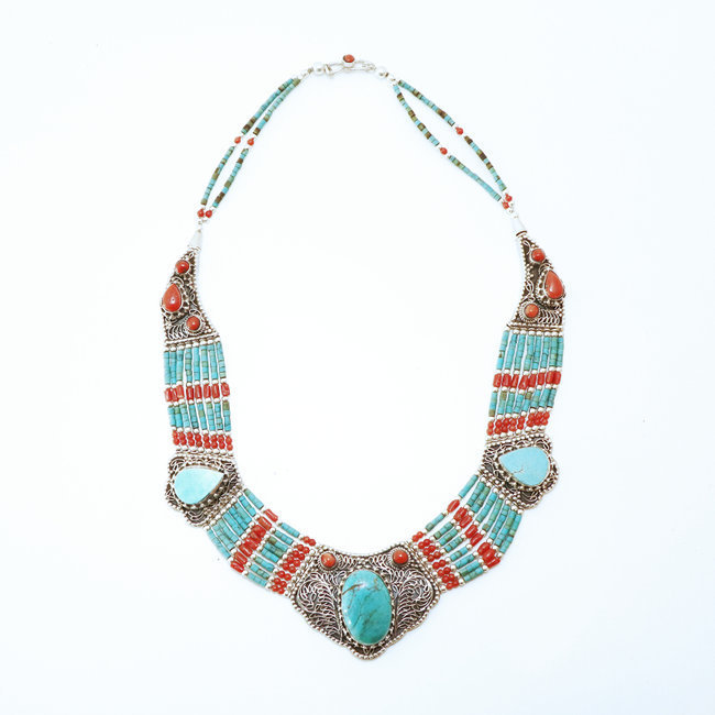 Collier plastron Tibétain en argent 925 Turquoise naturelle et Corail - Népal 003