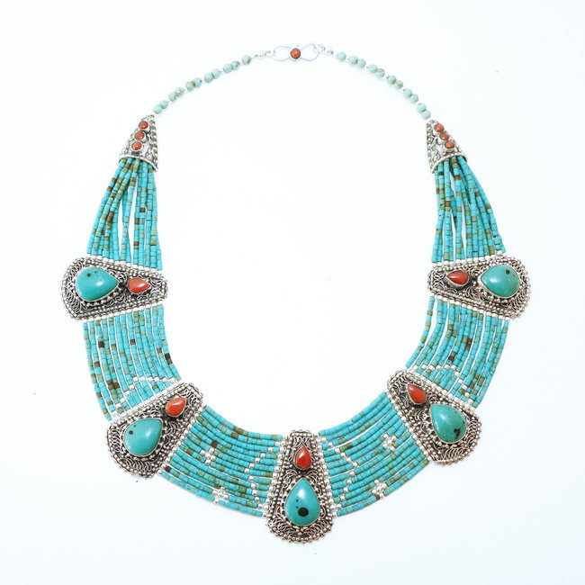 Collier plastron Tibétain en argent 925 Turquoise naturelle et Corail - Népal 005