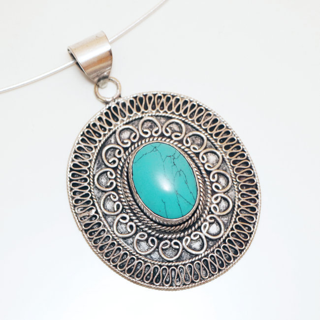 Pendentif grand ovale filigranes Turquoise - Népal 005