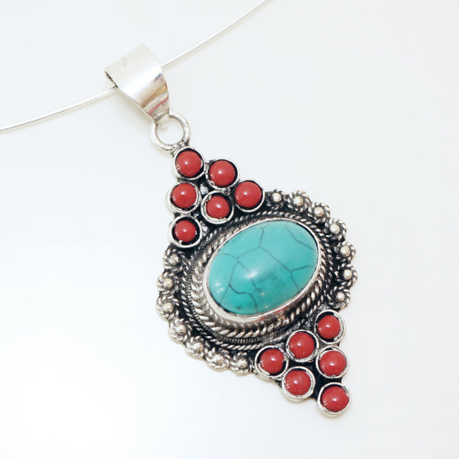 Pendentif tibétain Turquoise et Corail rouge - Népal 006