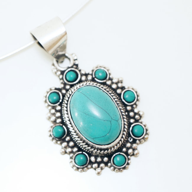 Pendentif ovale fleur tibétain Turquoise - Népal 009