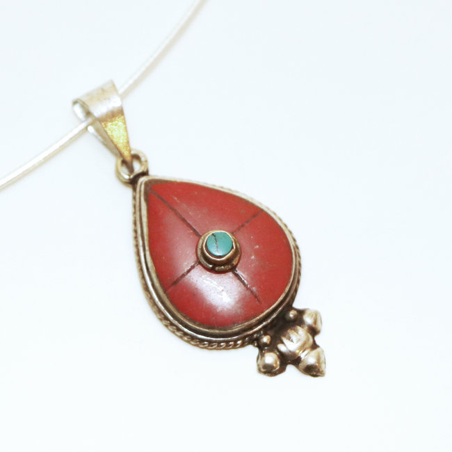 Pendentif tibétain goutte Corail rouge - Népal 022