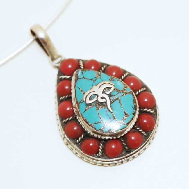 Pendentif tibétain bouddhiste goutte Turquoise et Corail rouge - Népal 034