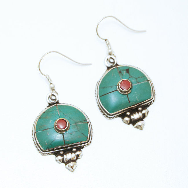 Boucles d'oreilles tibétaines pendants et Turquoise - Népal 001