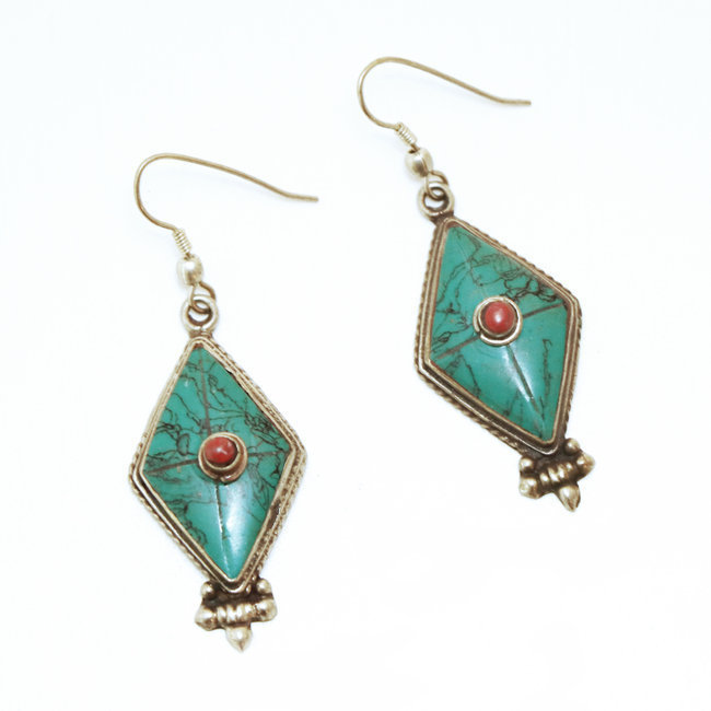 Boucles d'oreilles tibétaines losange et Turquoise - Népal 002