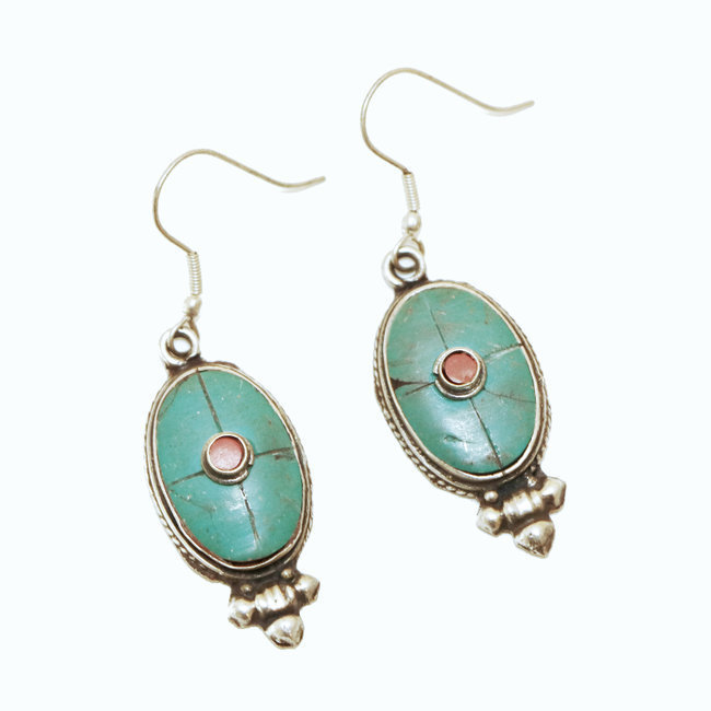 Boucles d'oreilles Tibétaines ovales laiton argenté et Turquoise - Népal 003