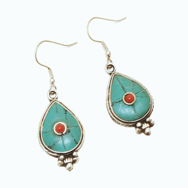 Boucles d'oreilles Tibétaines goutte laiton argenté et Turquoise - Népal 004