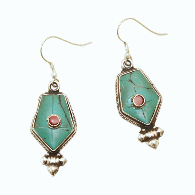 Boucles d'oreilles Tibétaines losange laiton argenté et Turquoise - Népal 005