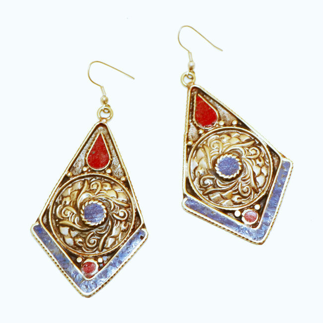 Boucles d'oreilles Grands Pendants Laiton argenté et pierres - Nepal 012