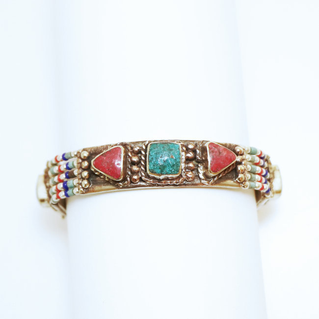 Bracelet multi-rangs argenté et pierres Turquoise et Corail - Népal 004