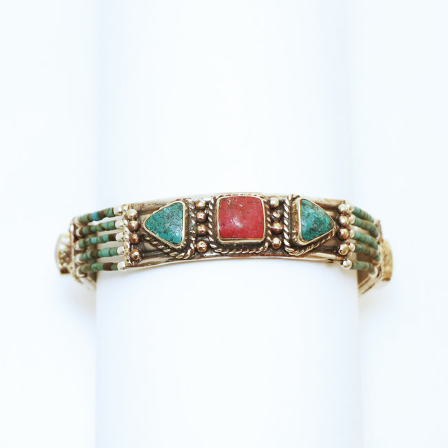 Bracelet multi-rangs argenté et pierres Turquoise et Corail - Népal 006