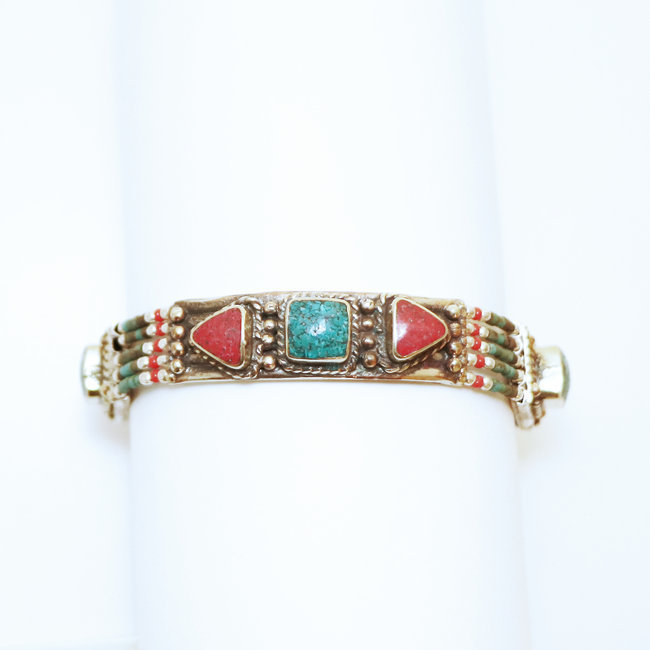 Bracelet multi-rangs argenté et pierres Turquoise et Corail - Népal 007