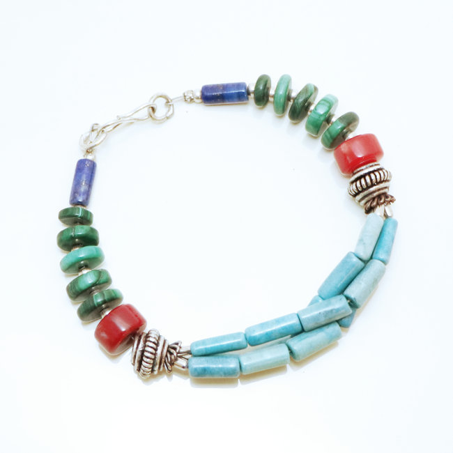 Bracelet argenté pierres Turquoise Corail et malachite - Népal 018