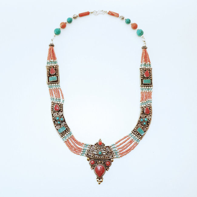 Collier tibétain pierres Turquoise et Corail rouge - Népal 002