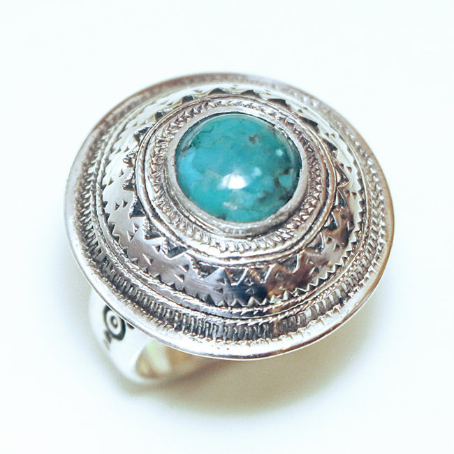 Bague argent massif 925 touareg ronde large et Turquoise naturelle - Niger 012