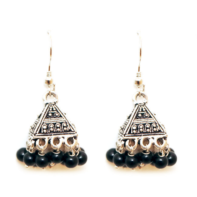 Boucles d'oreilles cloches Jhumka laiton argenté et perles noires - Inde 010