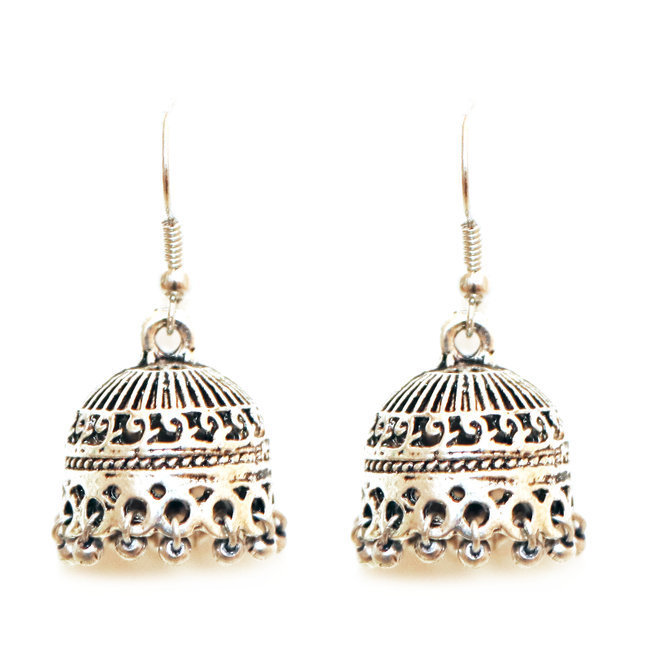 Boucles d'oreilles cloches Jhumka laiton argenté et perles - Inde 012