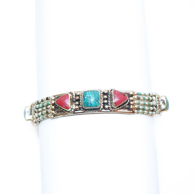 Bracelet multi-rangs argenté et pierres Turquoise et Corail - Népal 020