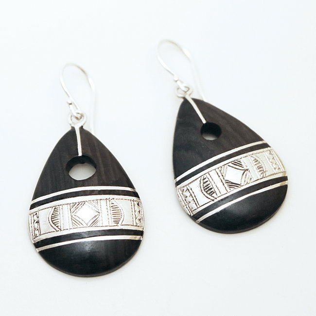 Boucles d'oreilles touareg pendantes argent 925 et ébène - Niger 050