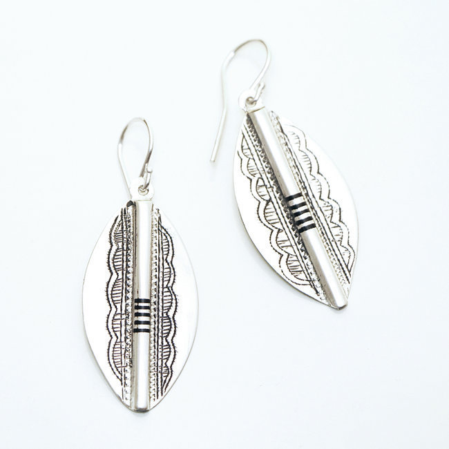 Boucles d'oreilles touareg feuilles argent 925 et ébène - Niger 068