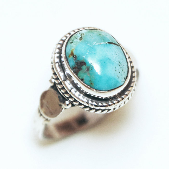 Bague fine ovale filigranes argent 925 et Turquoise naturelle - Inde 064