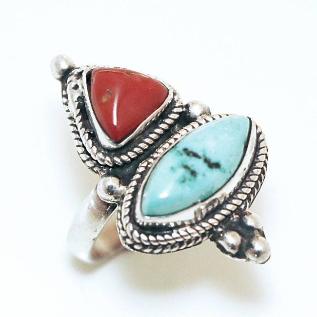 Bague longue filigranes argent 925 Turquoise et Corail Tibétaine - Népal 030