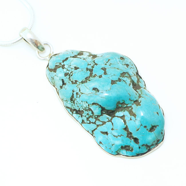 Grand pendentif argent 925 et Turquoise naturelle brute druzy - Népal 001