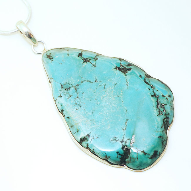 Grand pendentif argent 925 et Turquoise naturelle druzy brute - Népal 009