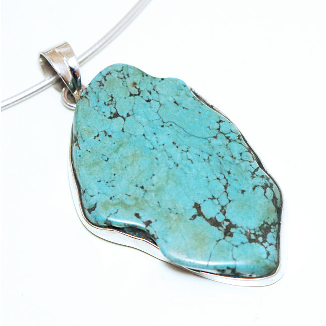 Grand pendentif argent 925 et Turquoise naturelle druzy brute - Népal 011