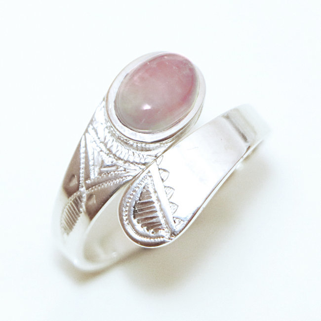 Bague argent massif 925 touareg croisée réglable et Quartz rose - Niger 030