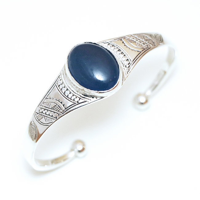 Bracelet argent 925 touareg manchette ovale et Agate bleue - Niger 006
